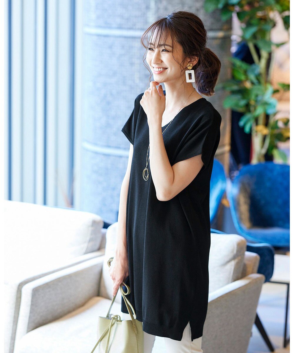 Tiaclasse L 【洗える】さらりと肌離れの良いフレンチスリーブニットチュニック 