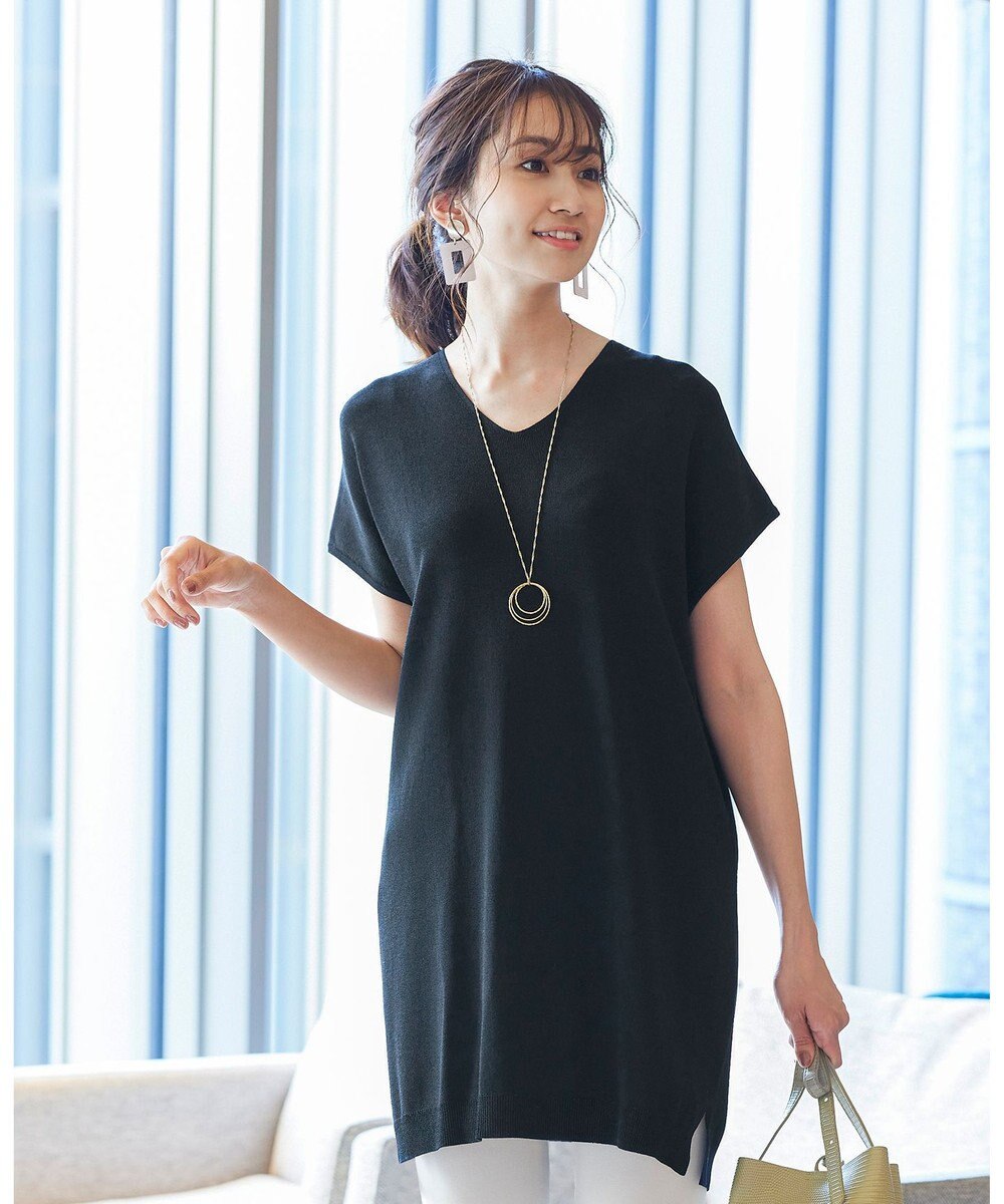 Tiaclasse L 【洗える】さらりと肌離れの良いフレンチスリーブニットチュニック 