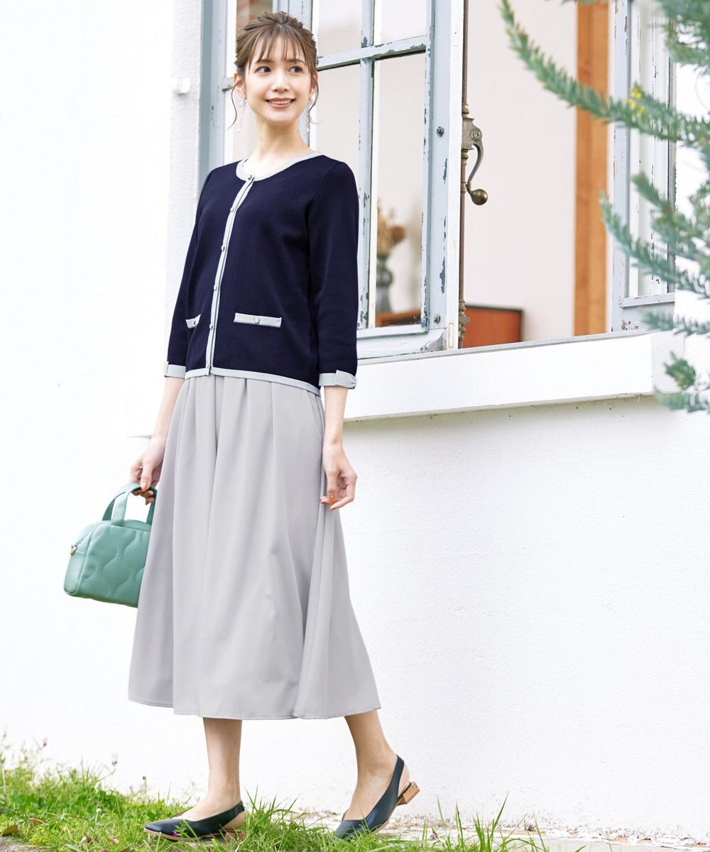 Tiaclasse 【洗える】配色使い総針袖リボンカーデ 