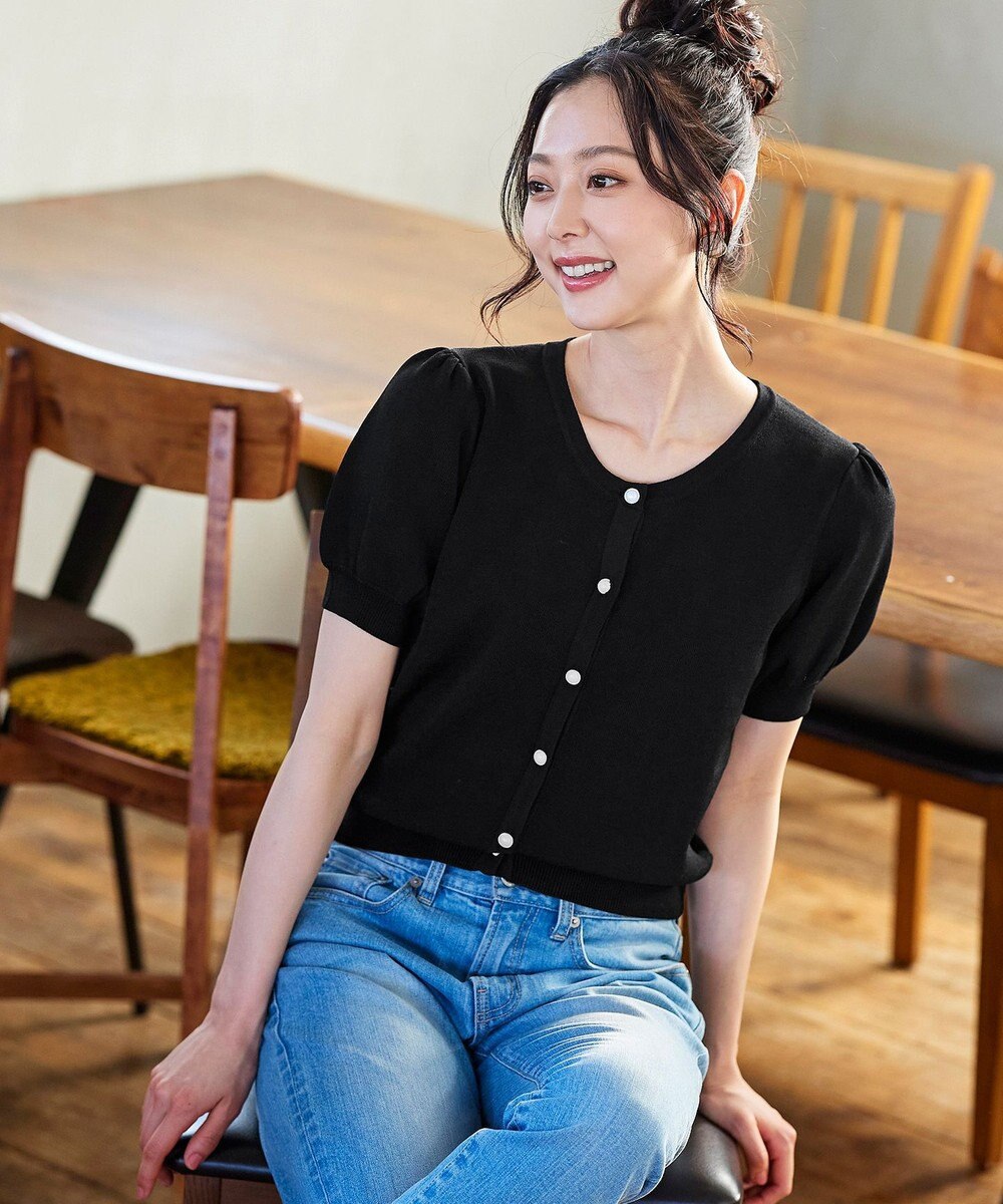 Tiaclasse L 【洗える】ひんやり心地良いパフ袖ニットカーディガン 