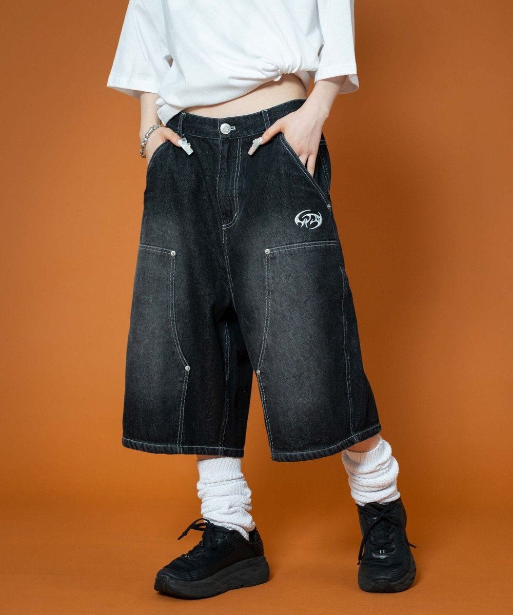 WEGO 【ユニセックス着用ITEM】ダブルニーロゴデニムショーツ 