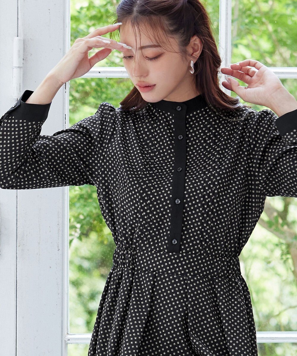 Tiaclasse 【新色追加・洗える】配色バンドカラー幾何学柄ワンピース 