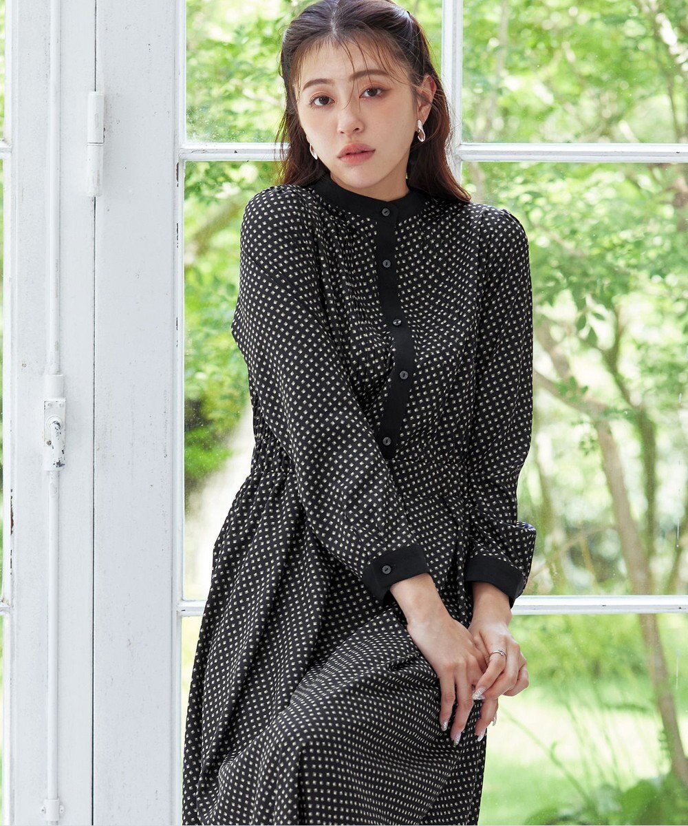 Tiaclasse 【新色追加・洗える】配色バンドカラー幾何学柄ワンピース 