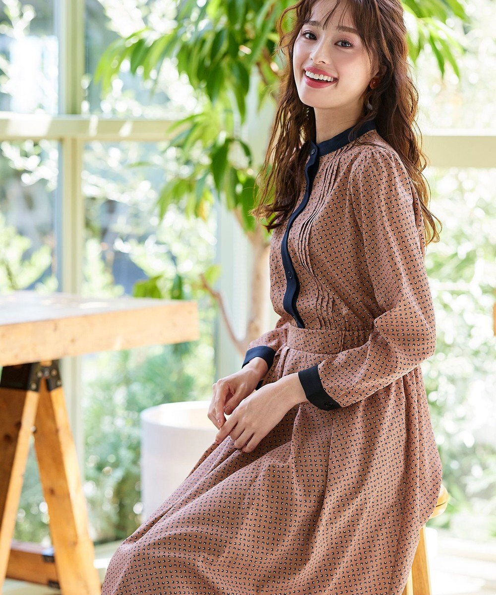 Tiaclasse 【新色追加・洗える】配色バンドカラー幾何学柄ワンピース 