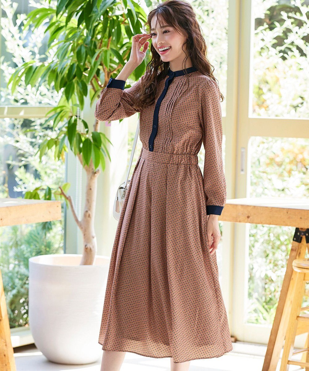 Tiaclasse 【新色追加・洗える】配色バンドカラー幾何学柄ワンピース 