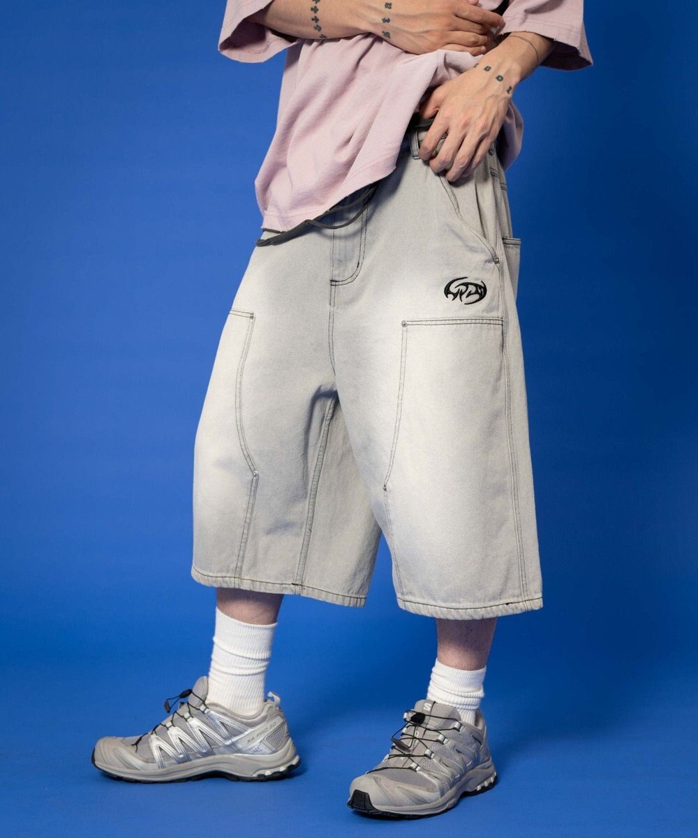 WEGO 【ユニセックス着用ITEM】ダブルニーロゴデニムショーツ 