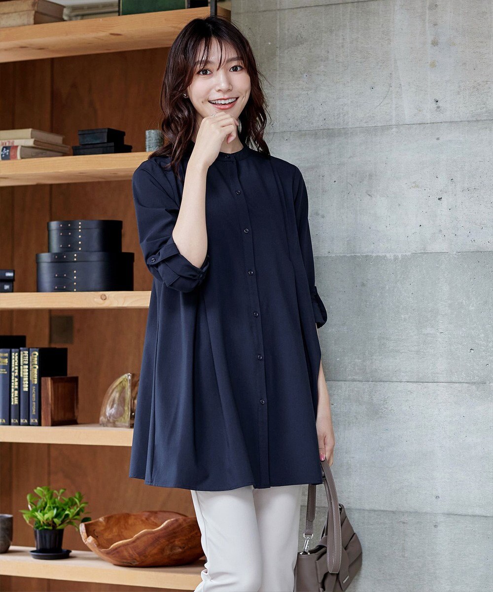 Tiaclasse 【洗える】-TiaBASIC-バンドカラーシャツチュニックブラウス 