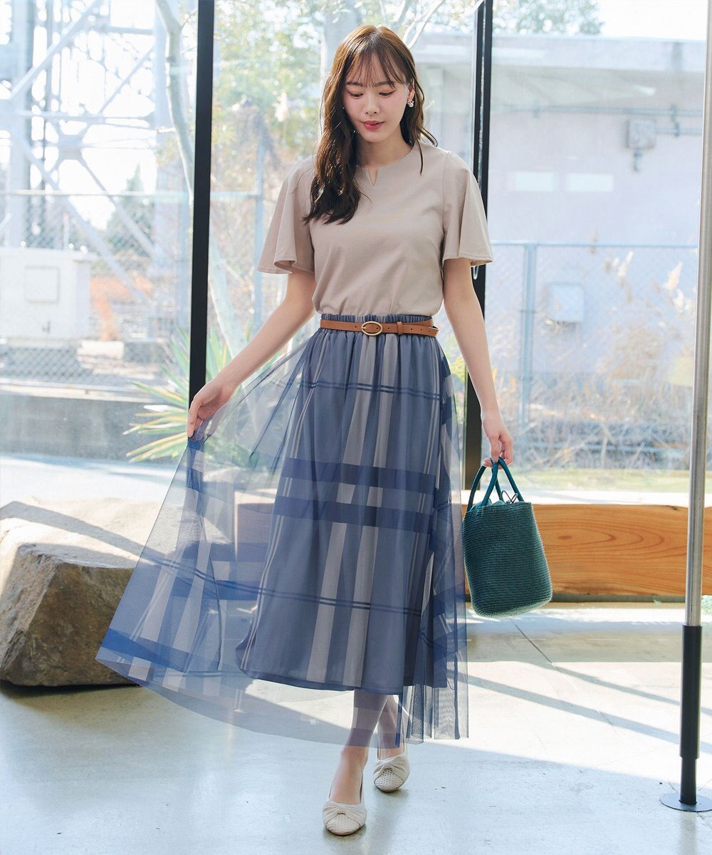 Tiaclasse L チュールレースチェックスカート 