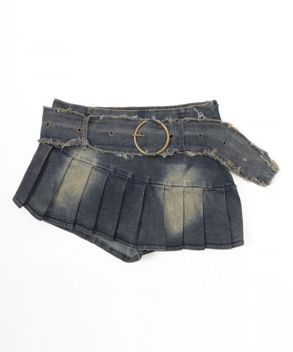 WEGO 【画像再撮】フリンジベルト付きプリーツデニムミニスカート 