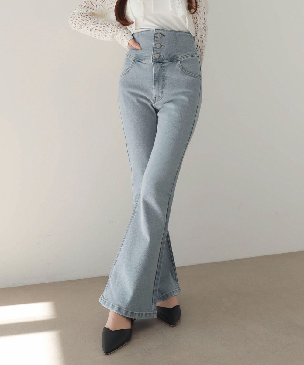 WEGO 【ストレッチ/美脚/脚長シルエット/XSSMサイズ展開】ハイウエストストレッチフレアデニムパンツ 