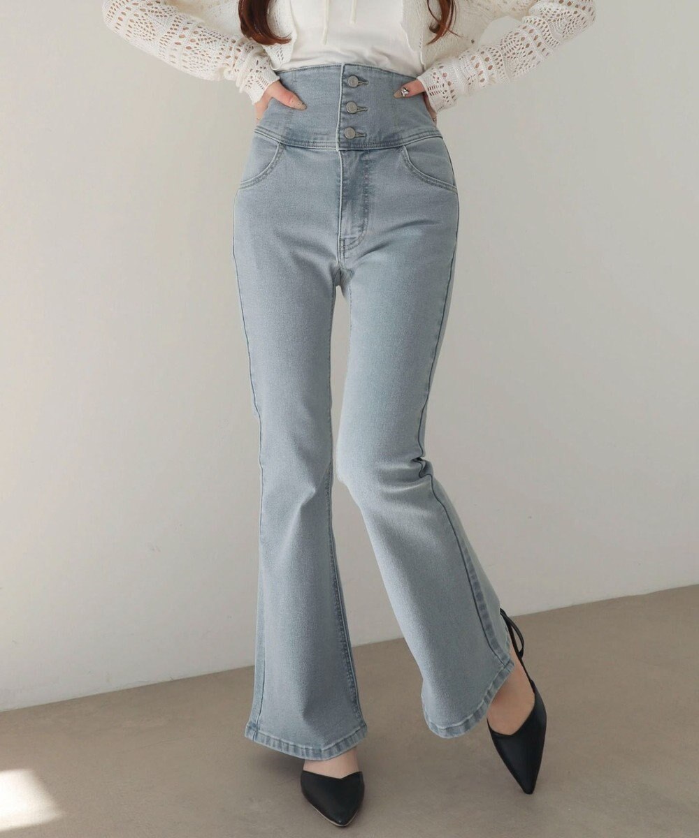 WEGO 【ストレッチ/美脚/脚長シルエット/XSSMサイズ展開】ハイウエストストレッチフレアデニムパンツ 