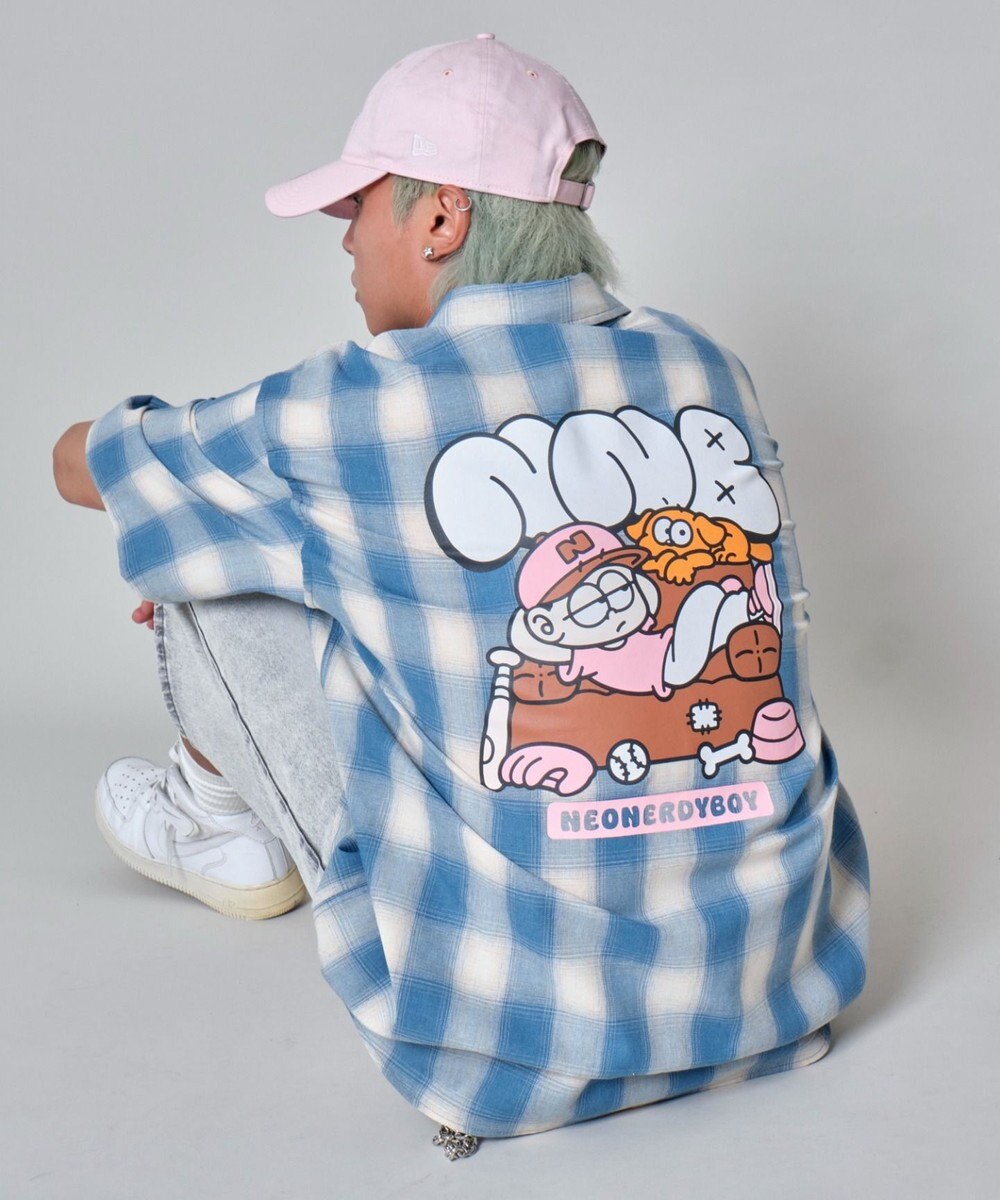WEGO 【ユニセックス着用ITEM/MLサイズ展開】イラストオンブレチェックシャツ（SS） 