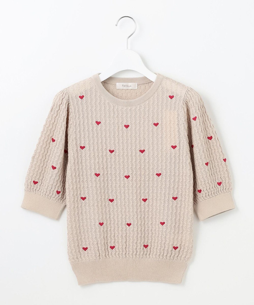 Feroux 【洗える】ハーフスリーブ ハート刺繍 ニット 