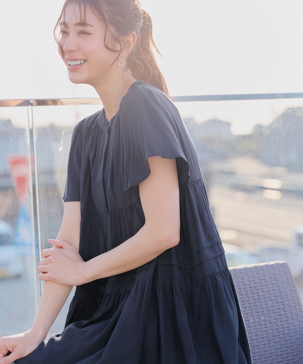 Tiaclasse 【洗える】バンドカラーティアードシャツチュニックブラウス 