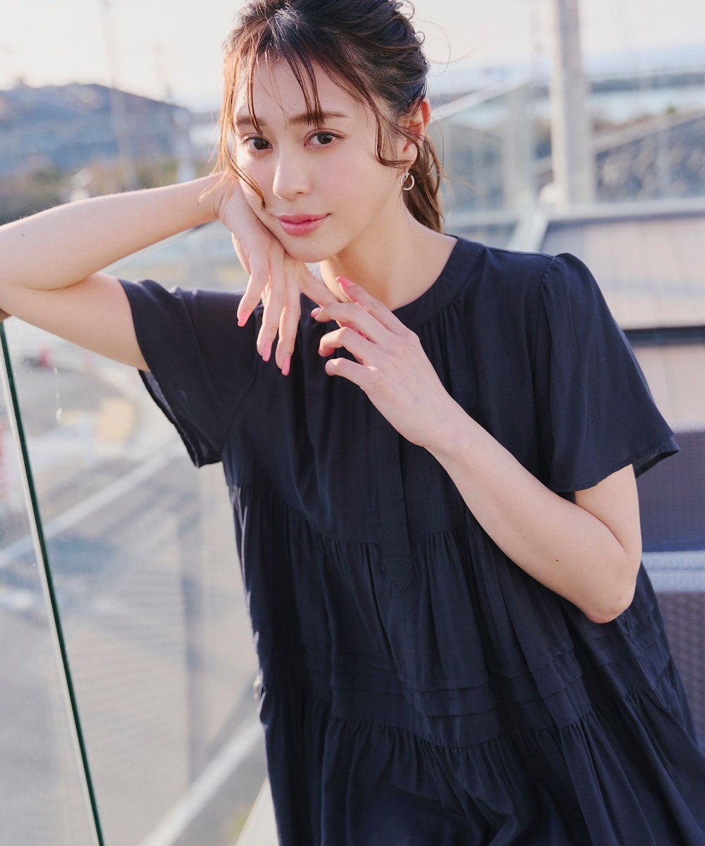 Tiaclasse 【洗える】バンドカラーティアードシャツチュニックブラウス 