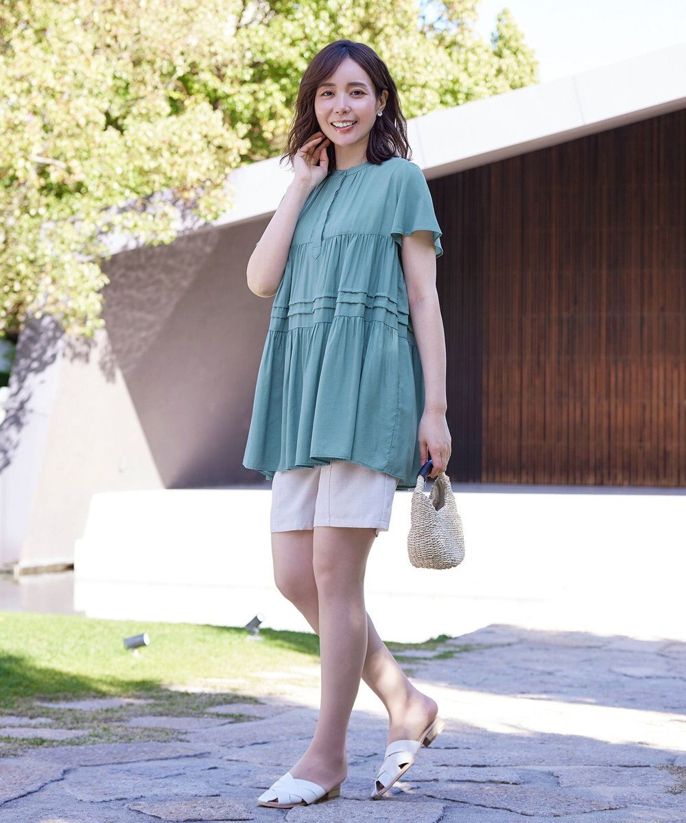 Tiaclasse 【洗える】バンドカラーティアードシャツチュニックブラウス 