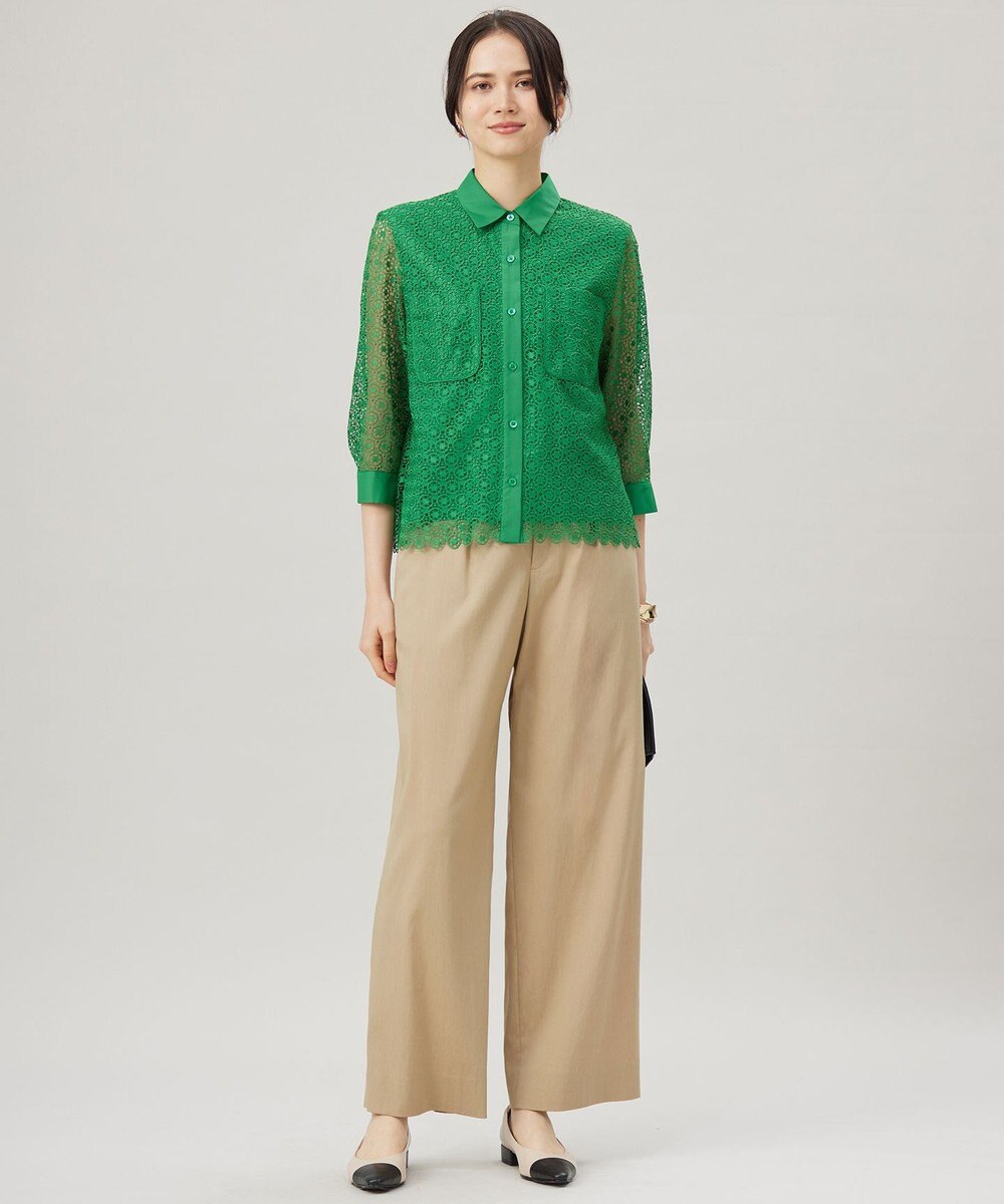 自由区 【ドラマ「明日はもっと いい日になる」着用】【洗える】ジオメトリックフラワーレースクロップド丈シャツ ブラウス 