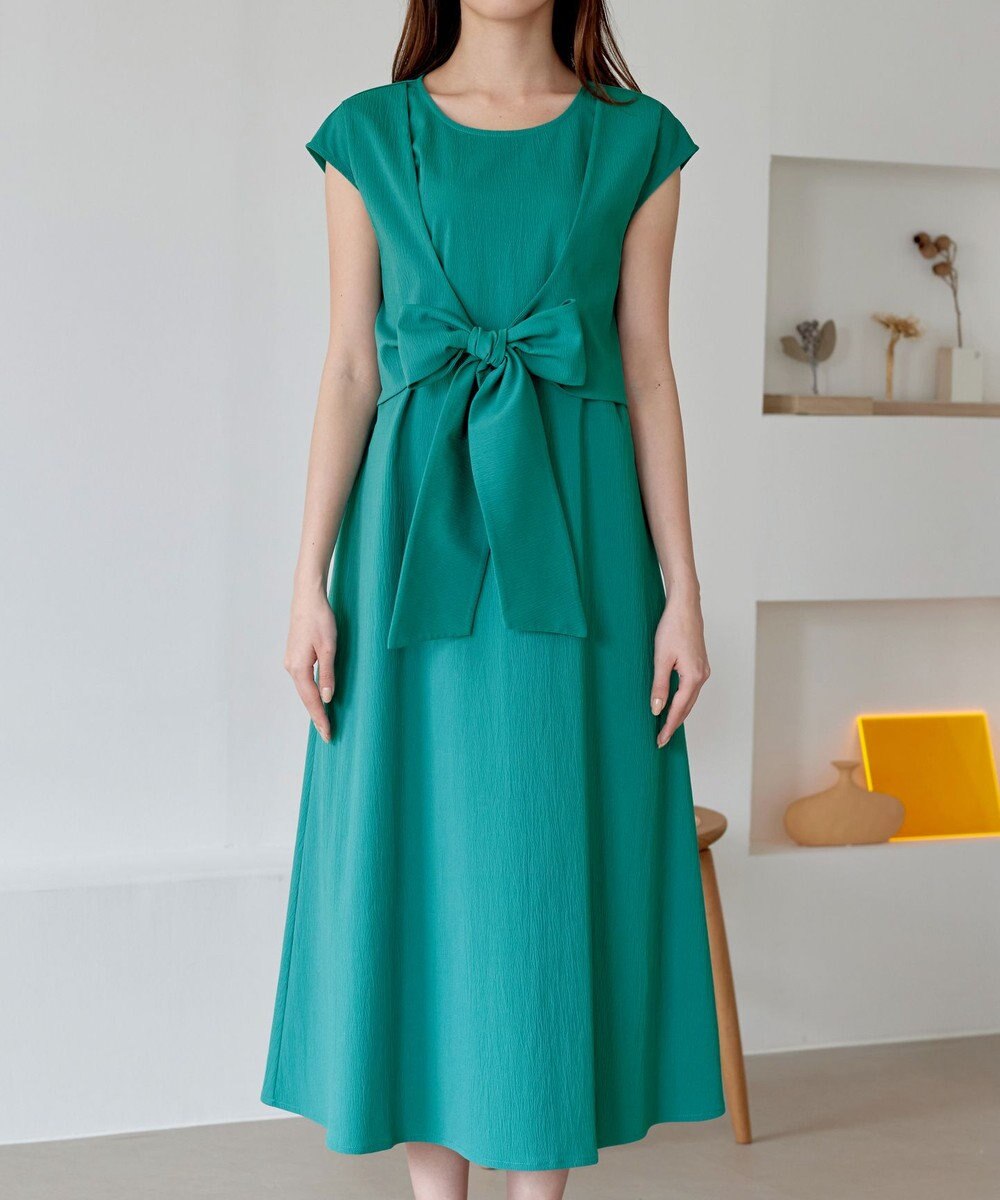Tiaclasse L 【2WAY・洗える】ウエストリボンフレンチスリーブマキシワンピース 