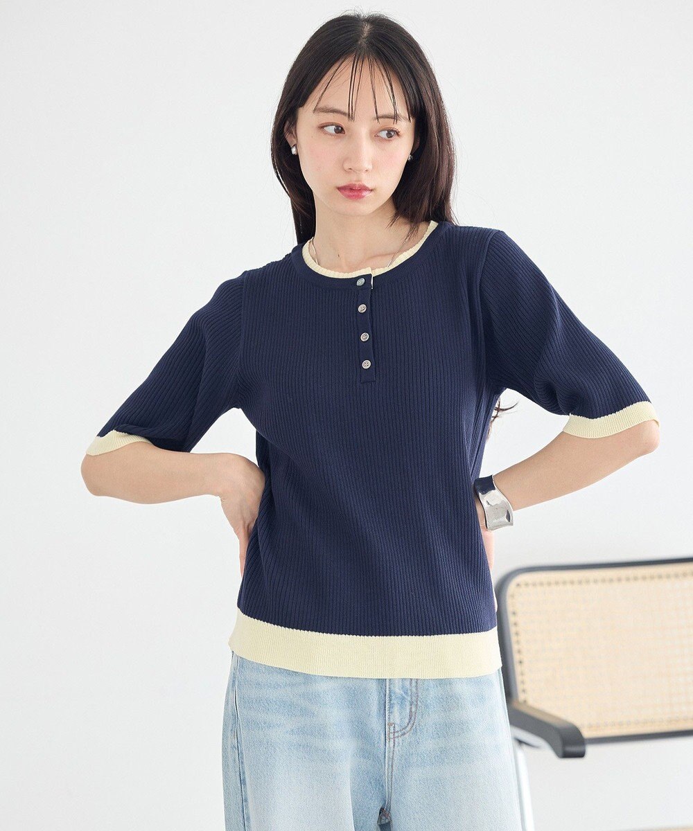 earth music&ecology ヘンリーネック半袖ニットプルオーバー 