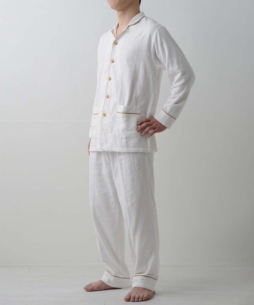 【紗栄子さん愛用パジャマの色違い/UNISEX】ガーゼパジャマ 2重合わせ 白, グレーバイアス, SS