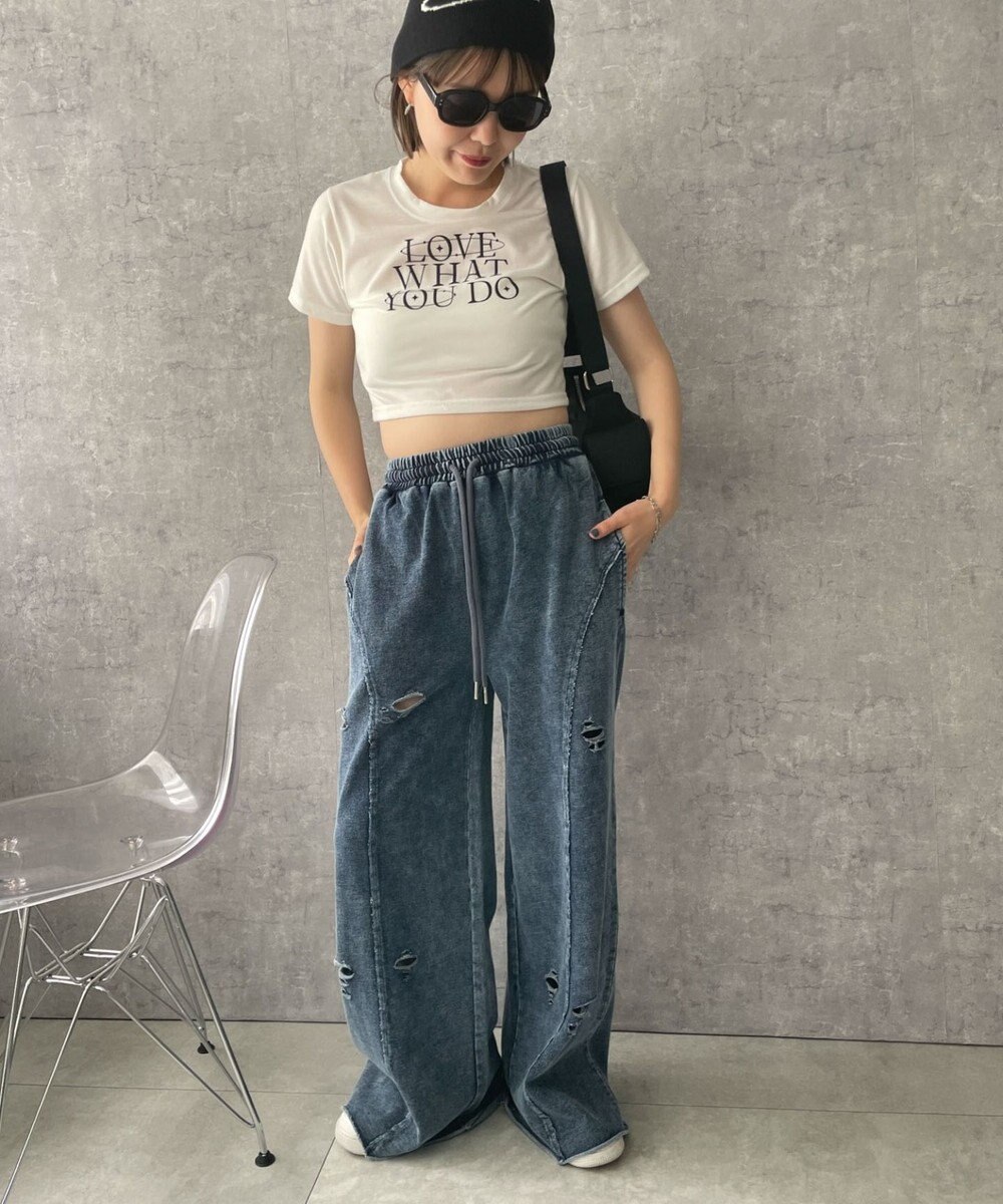 WEGO 【ウエストゴム】ヴィンテージウォッシュスウェットワイドパンツ 