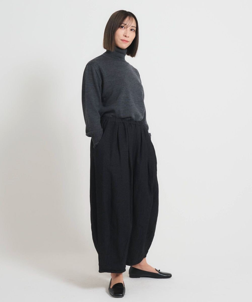 muuc 〈軽やかな尾州産リネンウール〉裾タックワイドパンツ  ロングシーズン 秋冬春 ウエストゴム有り ゆったりシルエット セットアップ可能  裏地有り 