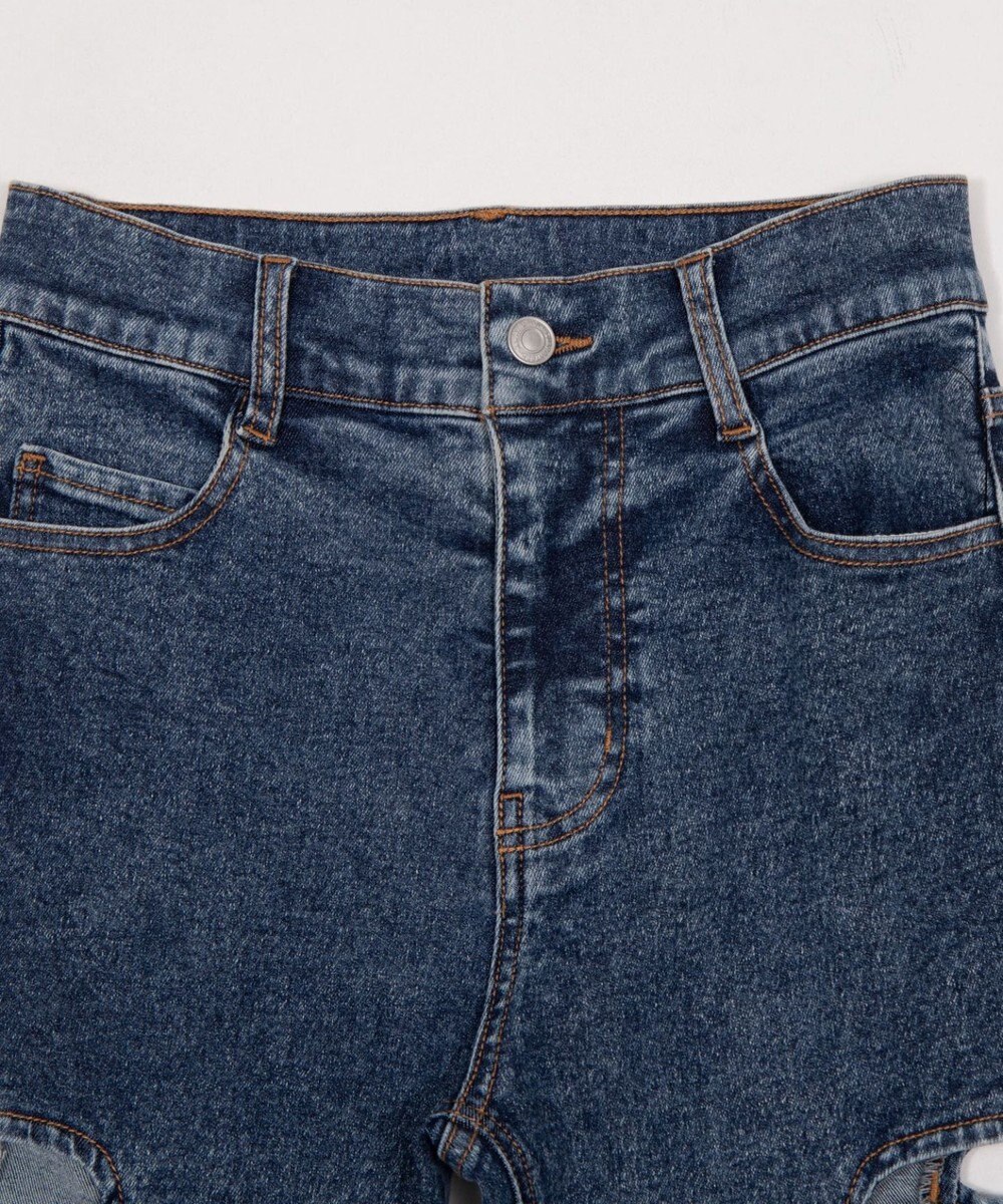 WEGO 【SMサイズ展開/伸びる】カットアウトリボンストレッチフレアデニムパンツ 