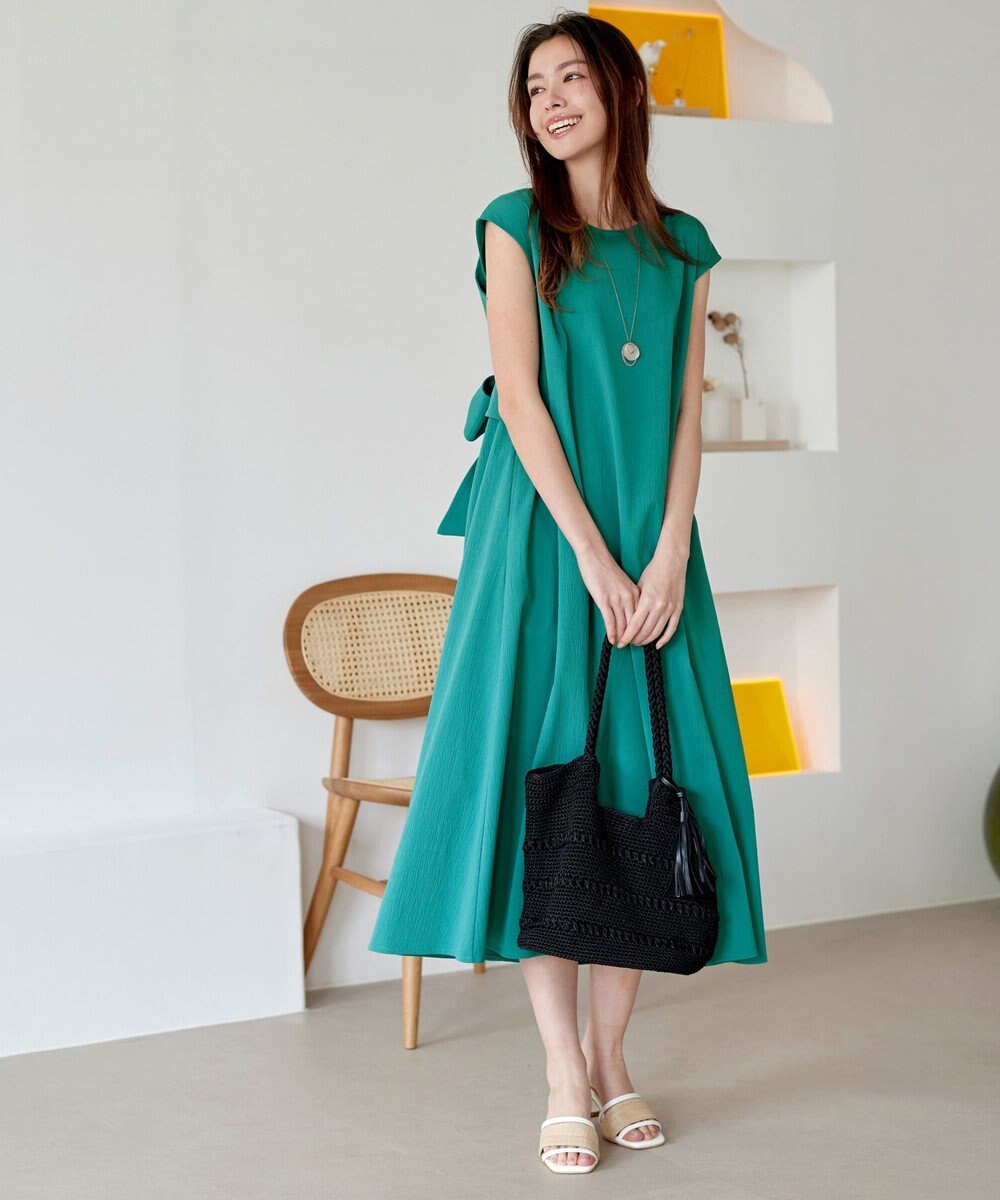 Tiaclasse L 【2WAY・洗える】ウエストリボンフレンチスリーブマキシワンピース 