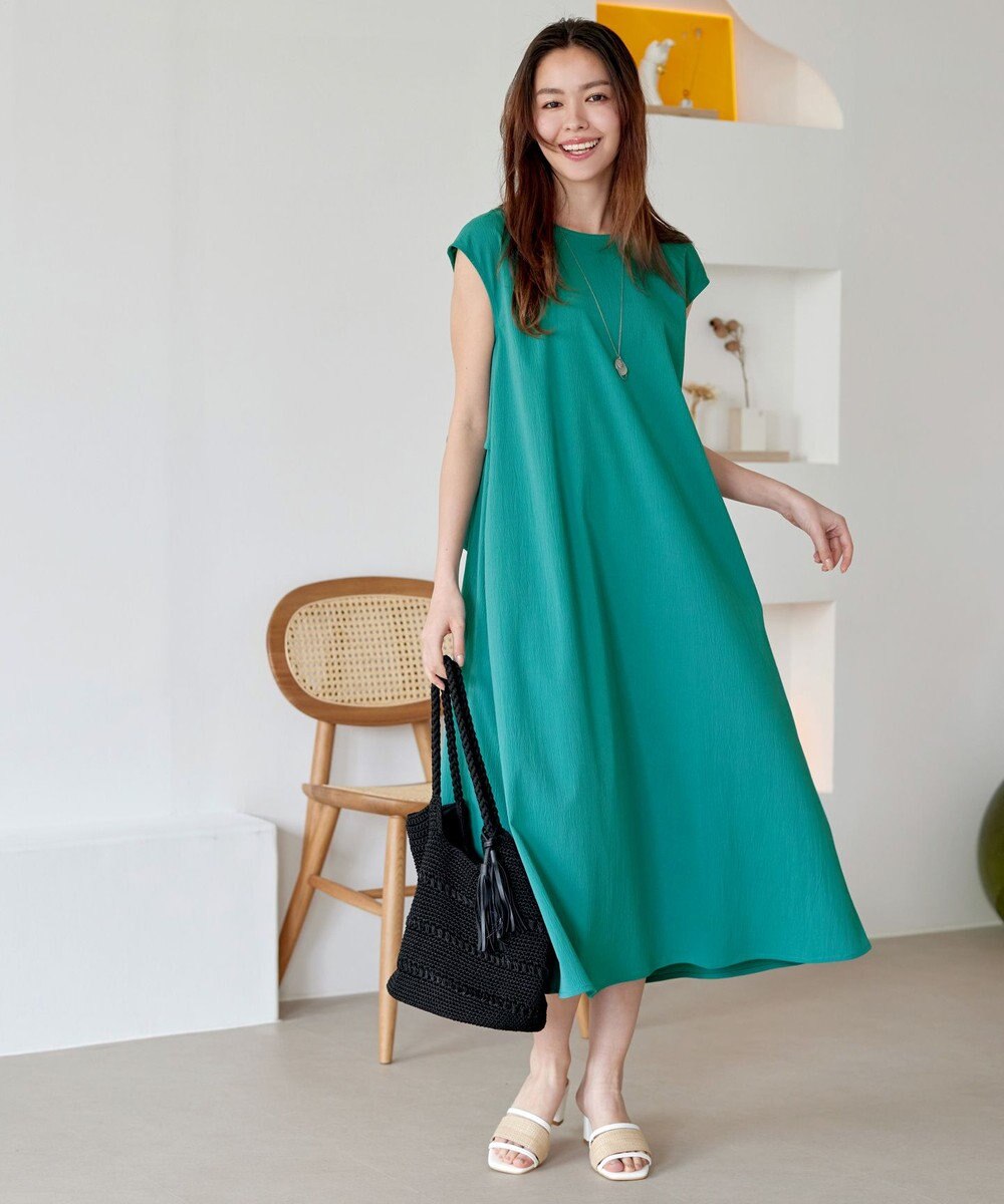 Tiaclasse L 【2WAY・洗える】ウエストリボンフレンチスリーブマキシワンピース 