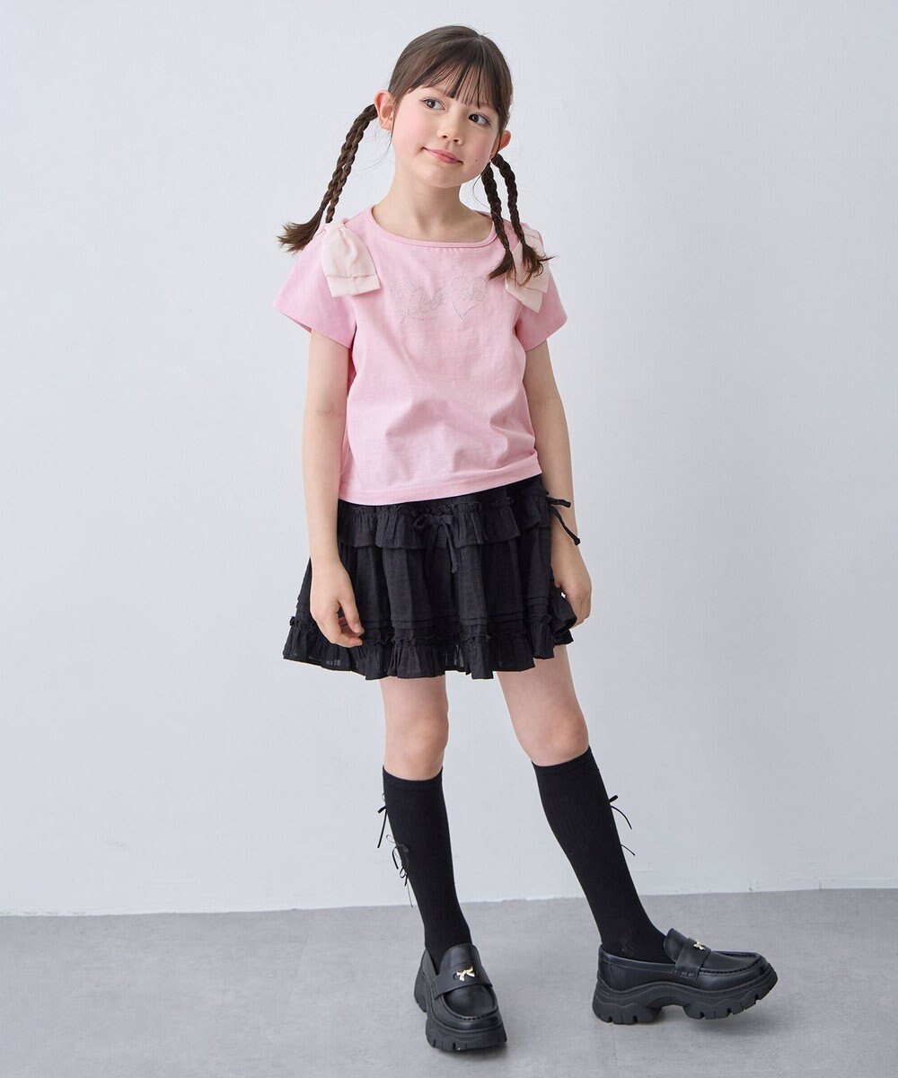 ANY KIDS 【綿100%】肩リボン×ラインストーンロゴ 半袖Tシャツ 