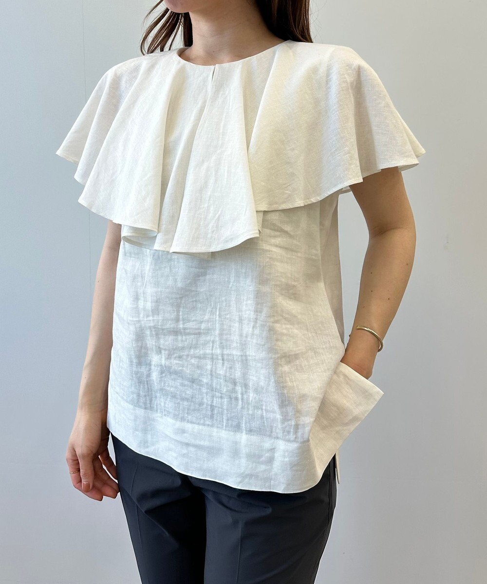 UNFILO 【洗える】リネンレーヨン　ラッフルカラーブラウス 