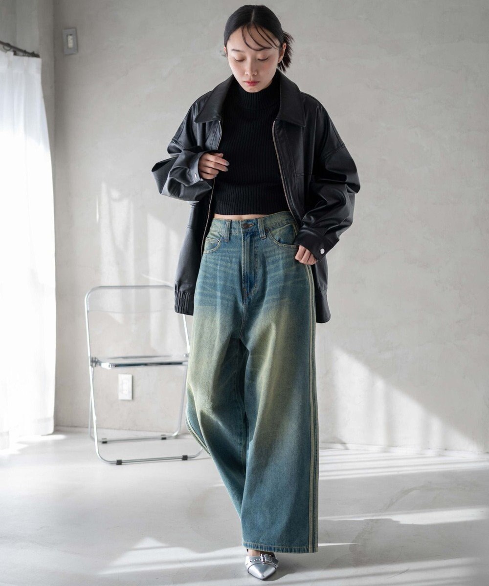 WEGO サイドラインワイドデニムパンツ 