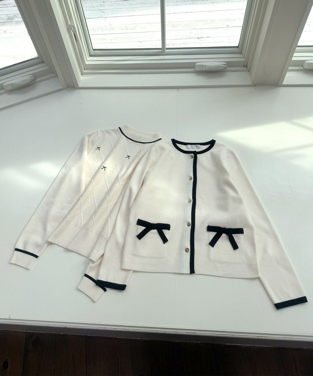 Feroux バイカラーリボンニット カーディガン 