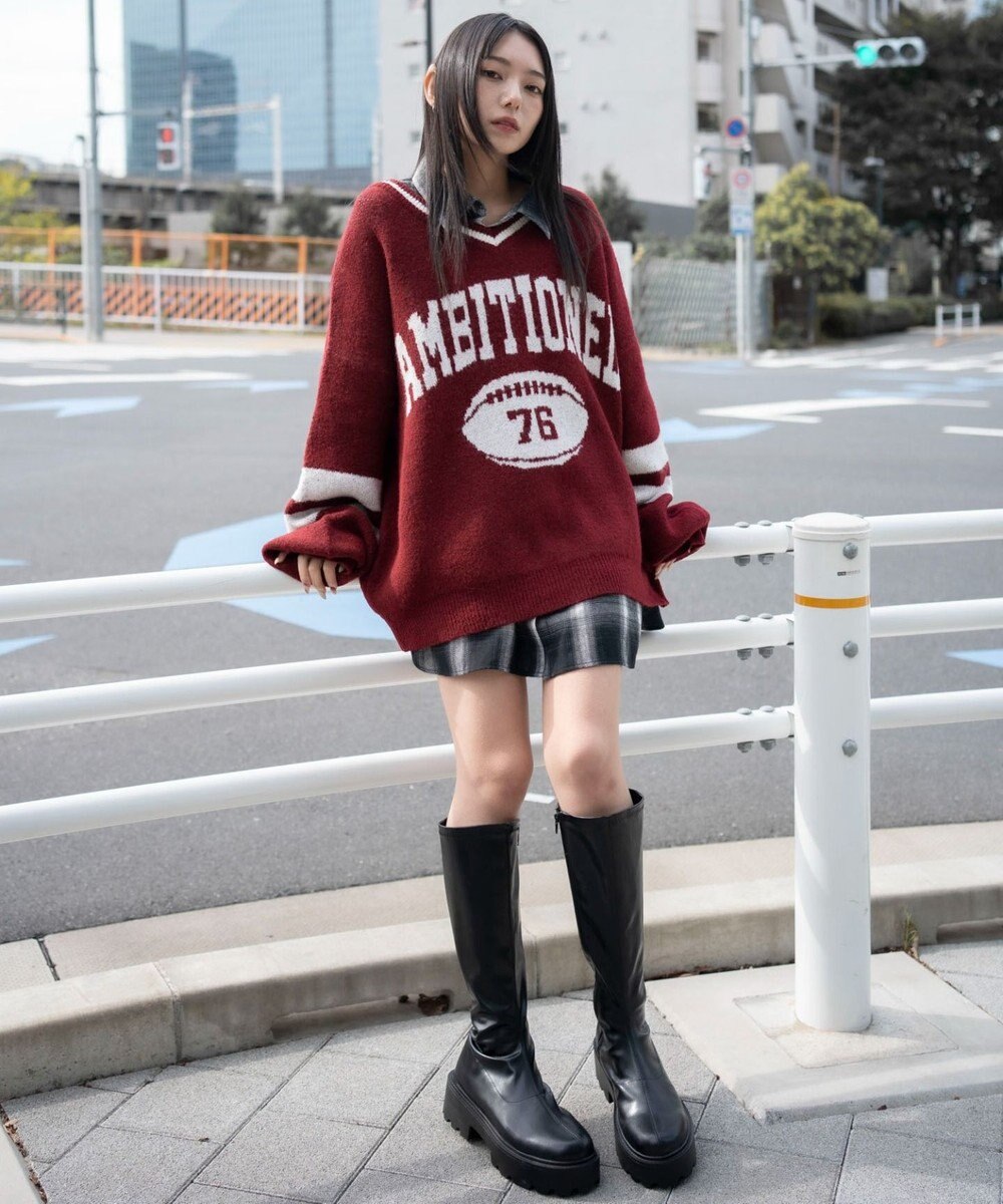 WEGO 【25年秋冬新作】フラッフィーVネックニットBIGプルオーバー 