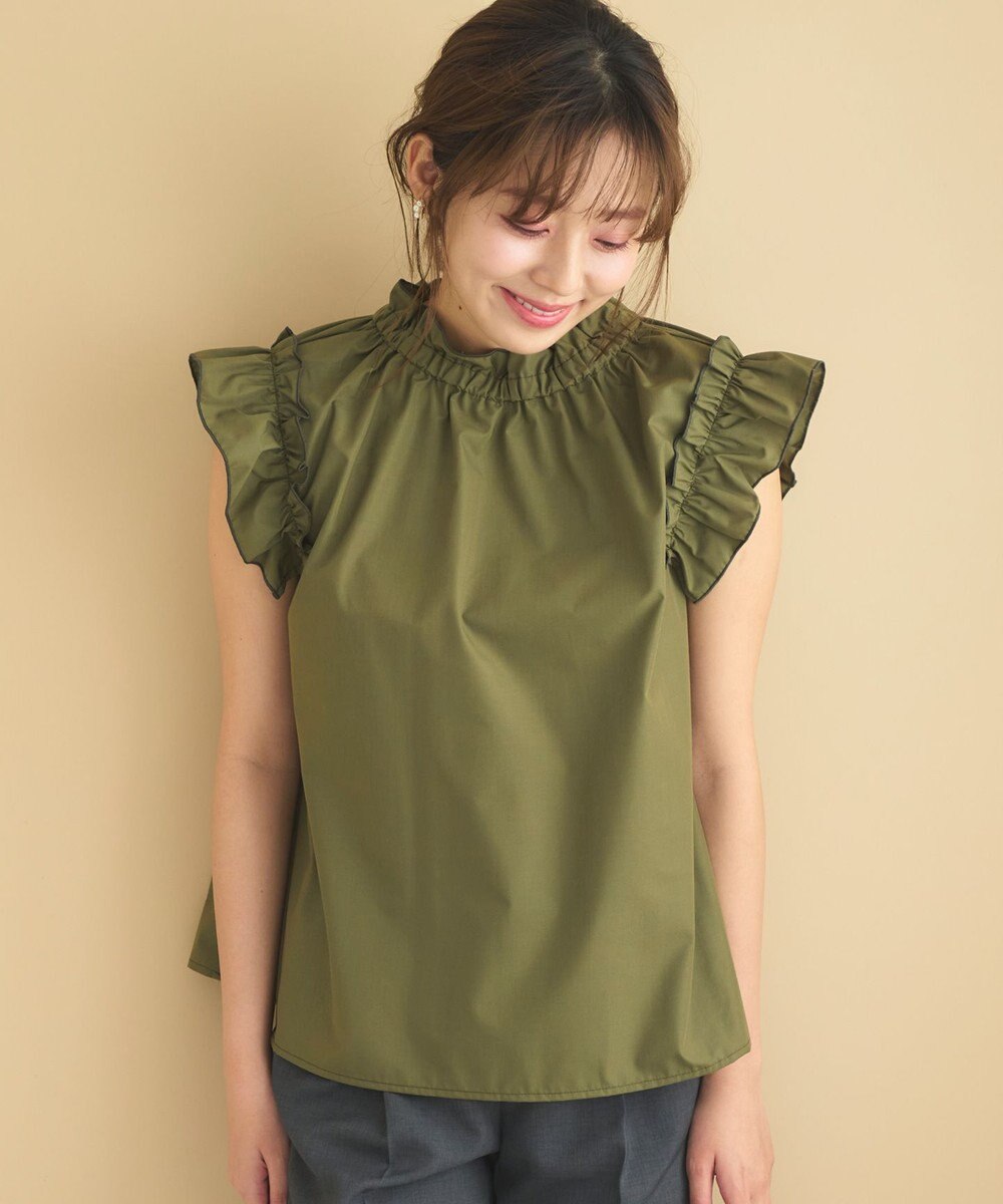Feroux 【洗える】スタンドカラーフリルスリーブ ブラウス 