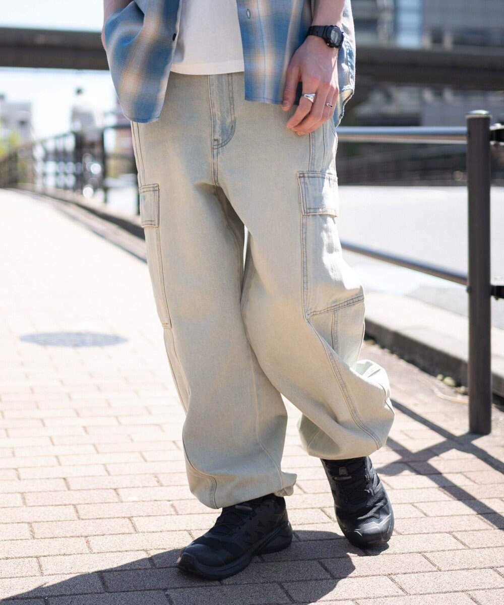 WEGO 【SMLサイズ展開/ウエスト紐】イージー3Dバレルレッグデニムカーゴパンツ 