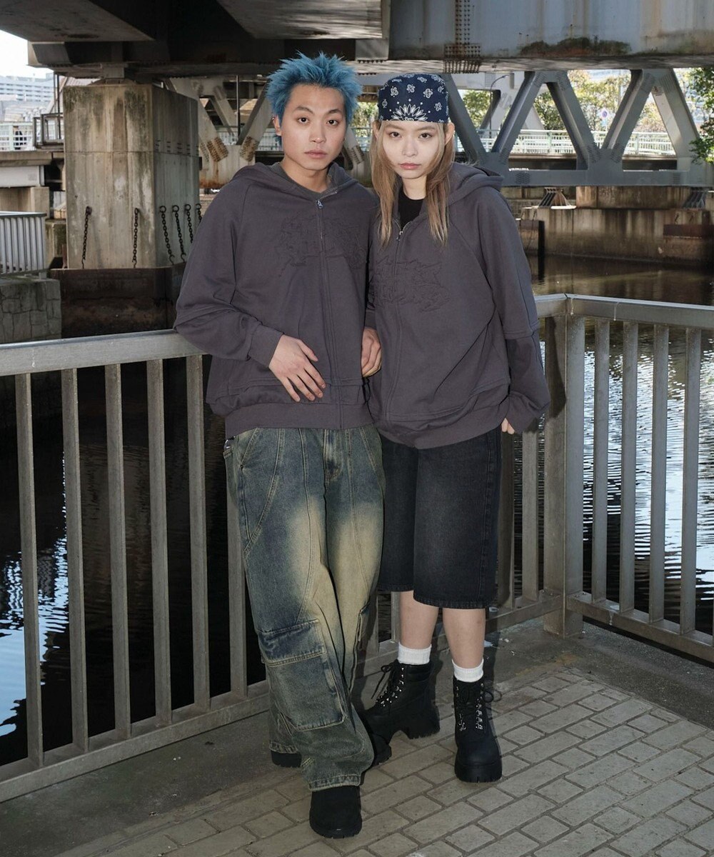 WEGO 【ユニセックス着用ITEM】ダメージアップリケレイヤードZIPパーカー 