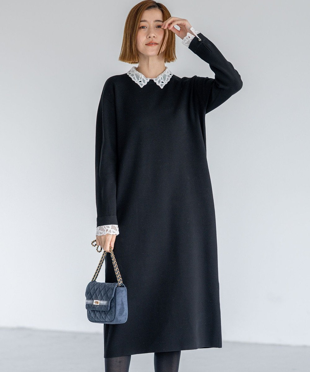 23区 S 【洗える/吊り干しOK】ヴィスコースストレッチ レース襟 ワンピース 