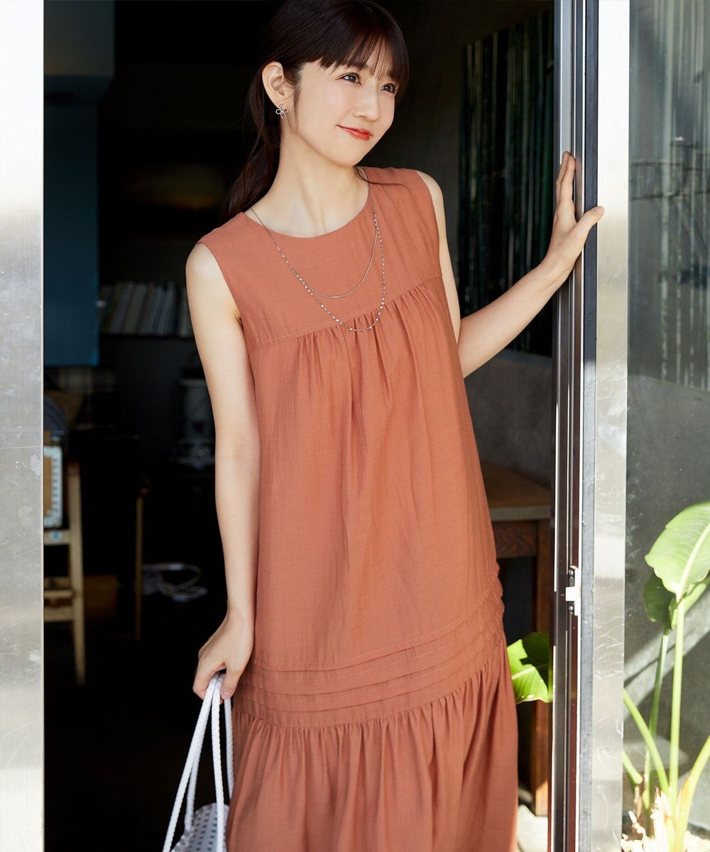 Tiaclasse 【小倉優子さん着用・洗える・XSサイズ】麻調ピンタックロングワンピース 