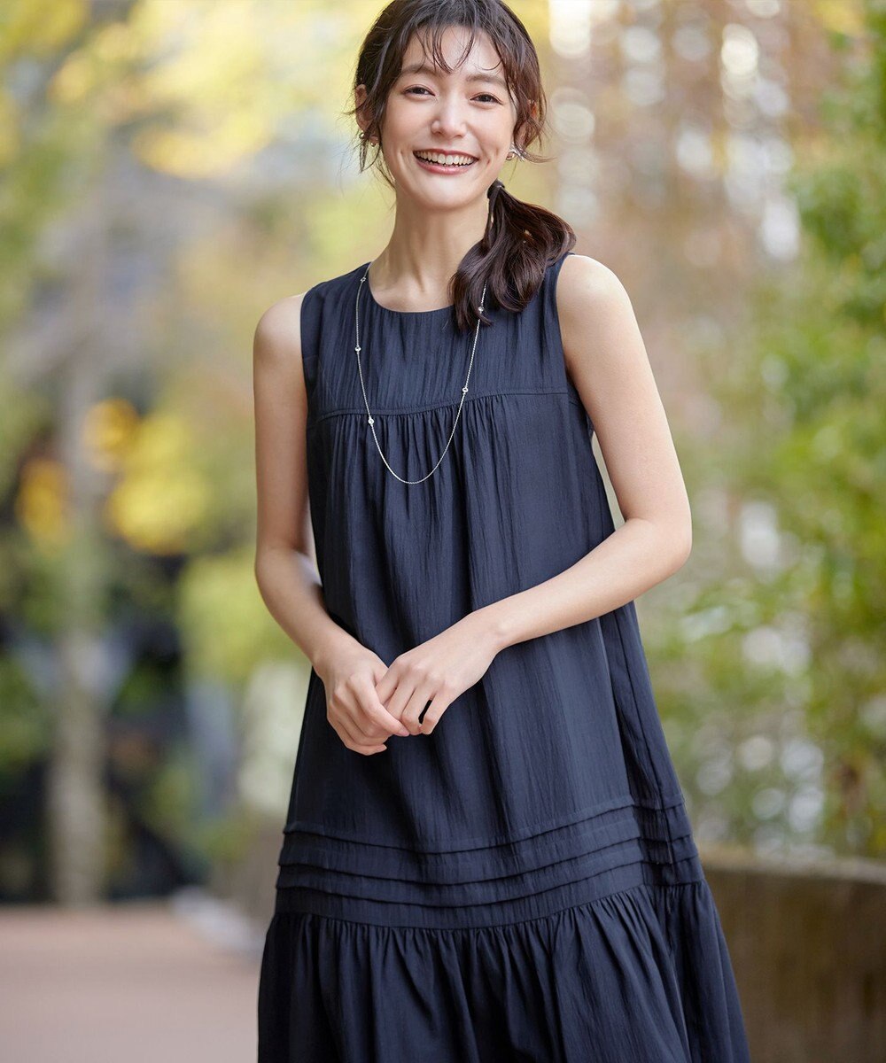 Tiaclasse 【小倉優子さん着用・洗える・XSサイズ】麻調ピンタックロングワンピース 