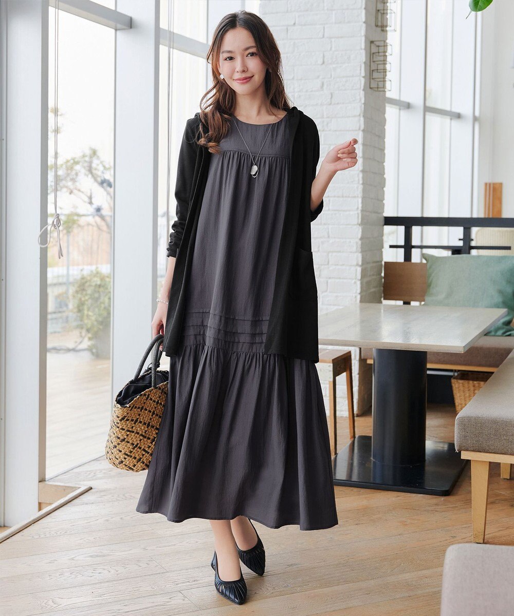 Tiaclasse 【小倉優子さん着用・洗える・XSサイズ】麻調ピンタックロングワンピース 