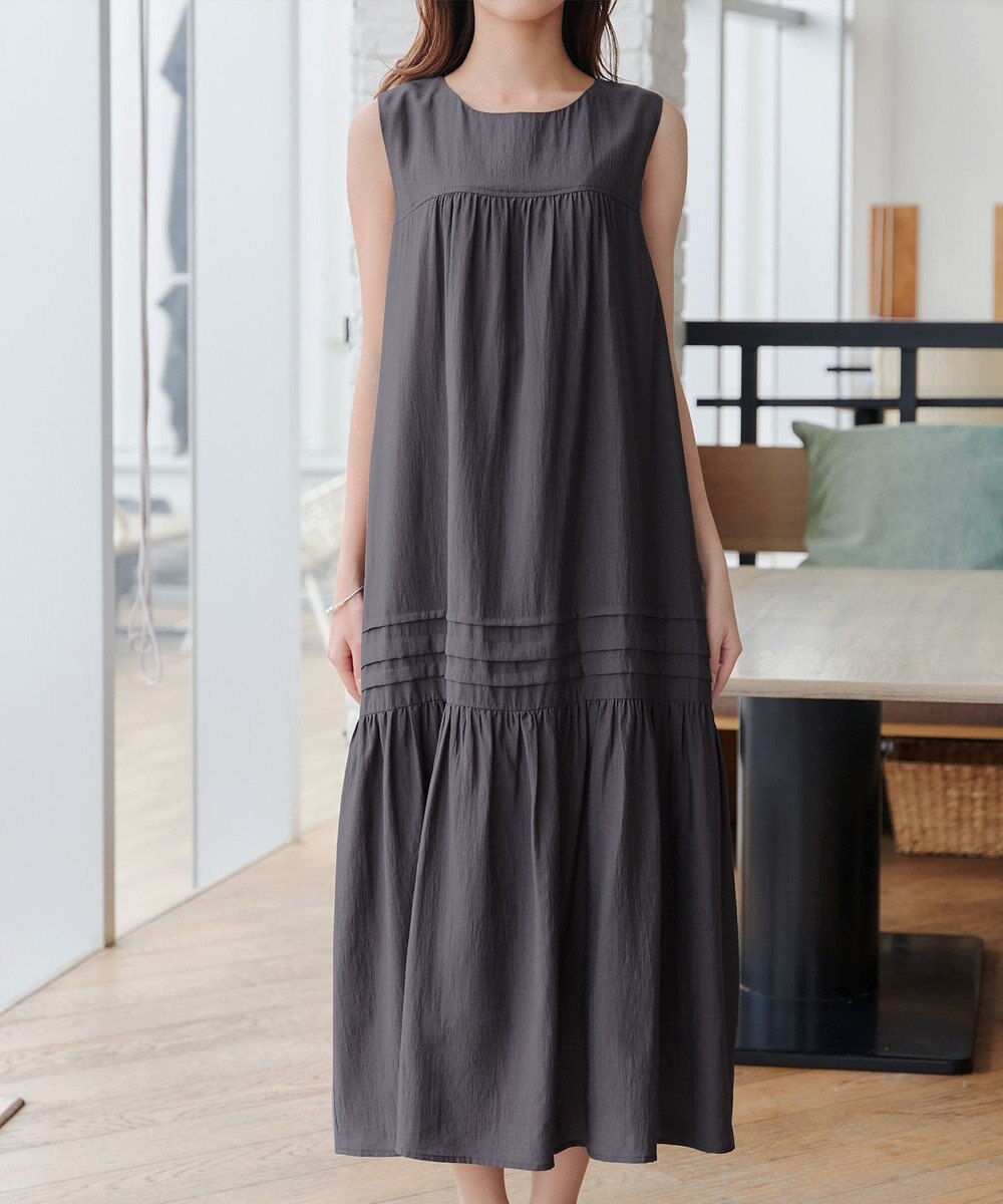 Tiaclasse 【小倉優子さん着用・洗える・XSサイズ】麻調ピンタックロングワンピース 