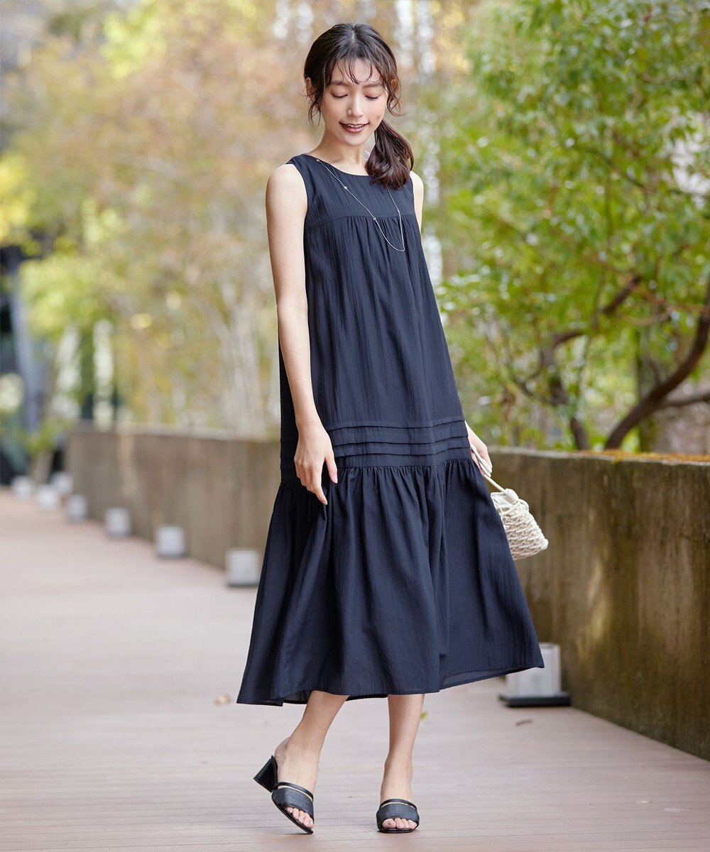 Tiaclasse 【小倉優子さん着用・洗える・XSサイズ】麻調ピンタックロングワンピース 