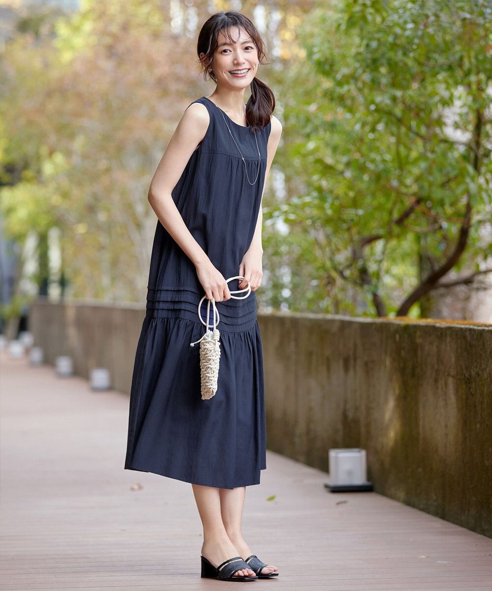 Tiaclasse 【小倉優子さん着用・洗える・XSサイズ】麻調ピンタックロングワンピース 