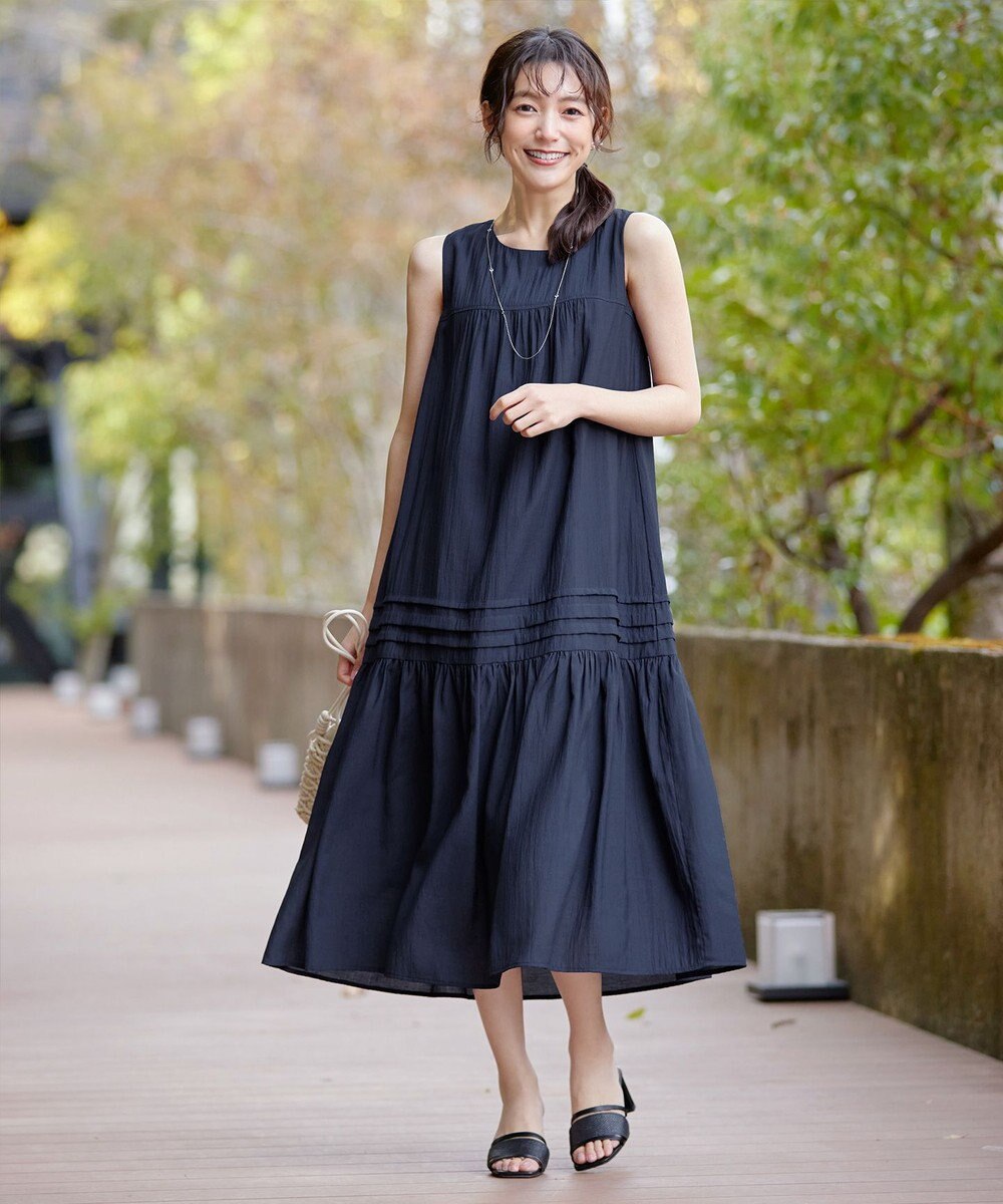 Tiaclasse 【小倉優子さん着用・洗える・XSサイズ】麻調ピンタックロングワンピース 