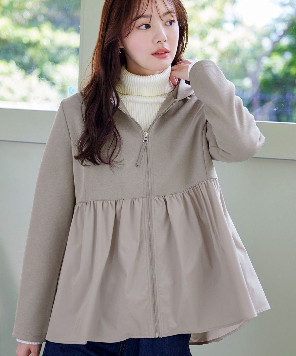 Tiaclasse L 【洗える】異素材ジップフレアパーカー 
