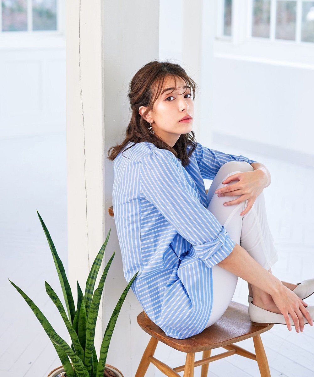 Tiaclasse L 【洗える】リボンスリーブストライプチュニックブラウス 