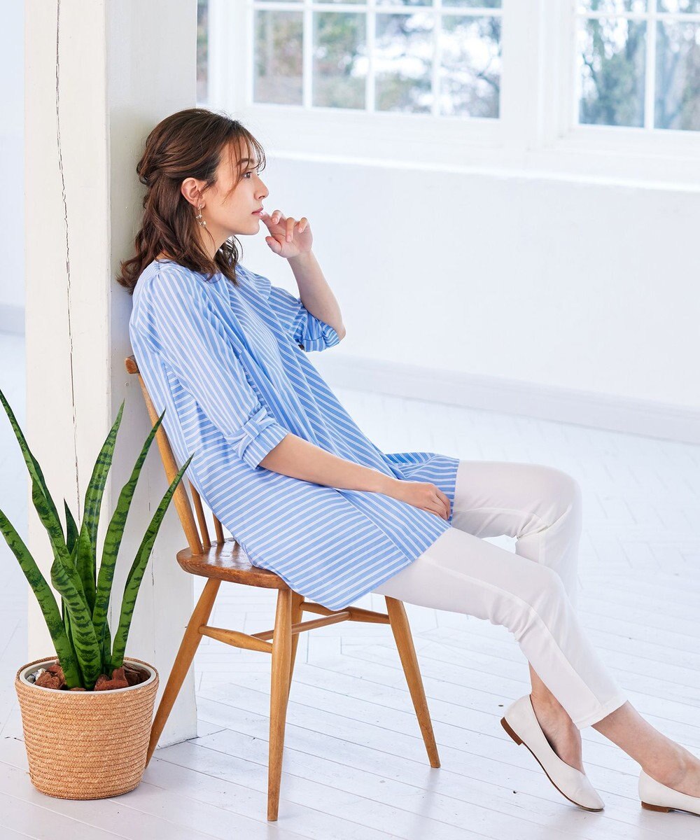 Tiaclasse L 【洗える】リボンスリーブストライプチュニックブラウス 