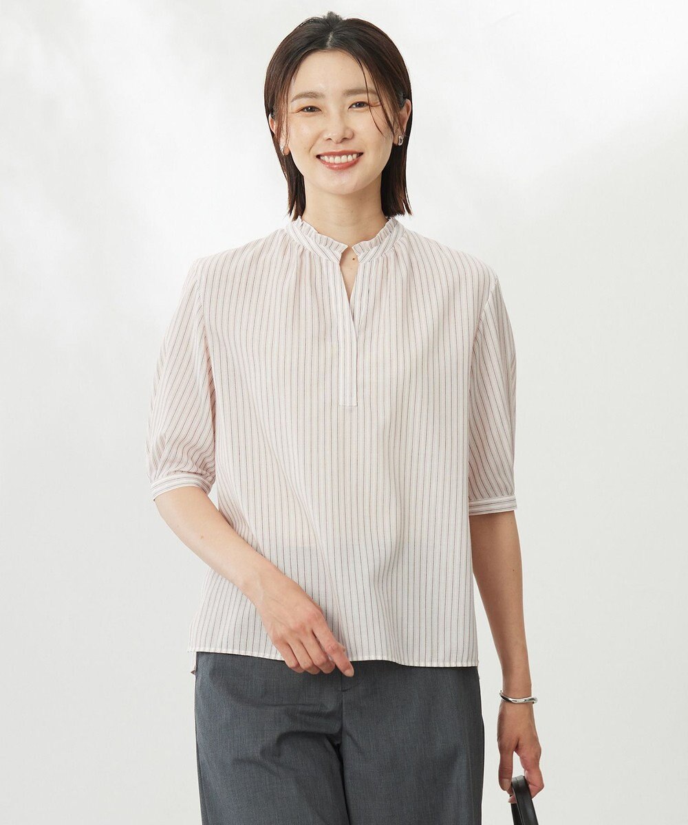 J.PRESS LADIES 【洗える・接触冷感】ドビー強撚ストライプ スキッパー ブラウス 