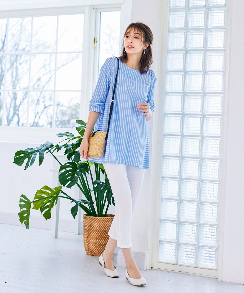 Tiaclasse L 【洗える】リボンスリーブストライプチュニックブラウス 